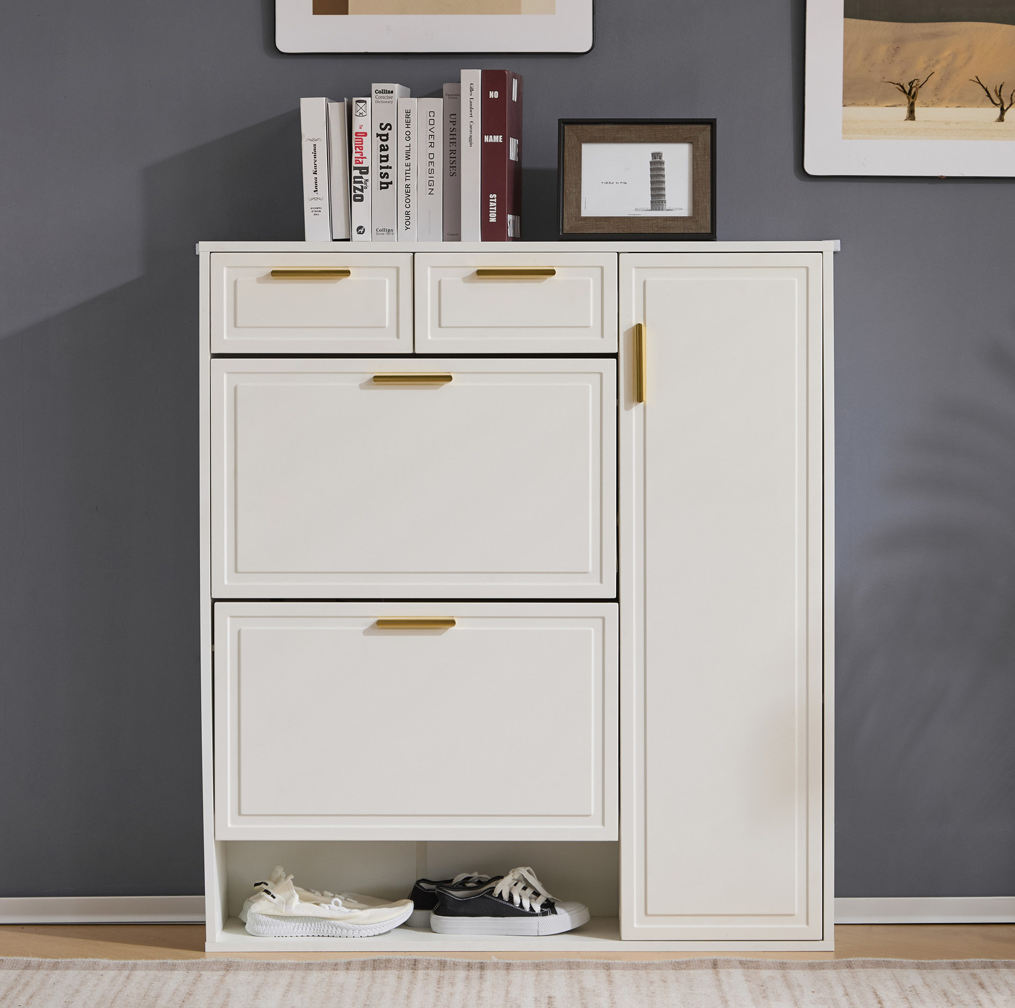 Schuhschrank 95x24x107.5 Cm Weiß Spanplatte Mit Verstellbaren Regalen, Schubladen Und Offenen Fächern