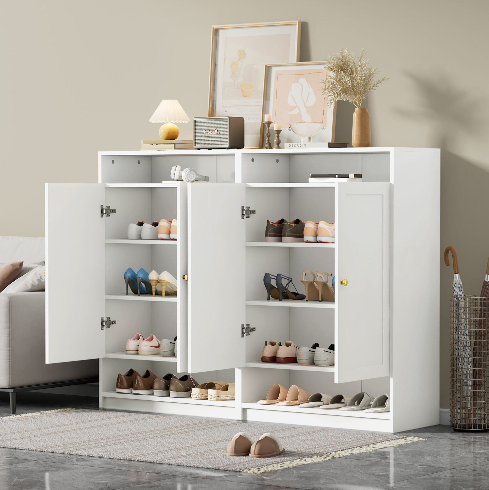 Schuhschrank 146x34x109 Cm Weiß Aus Spanplatte Und Metall Mit Höhenverstellbaren Regalen Und Stauraum