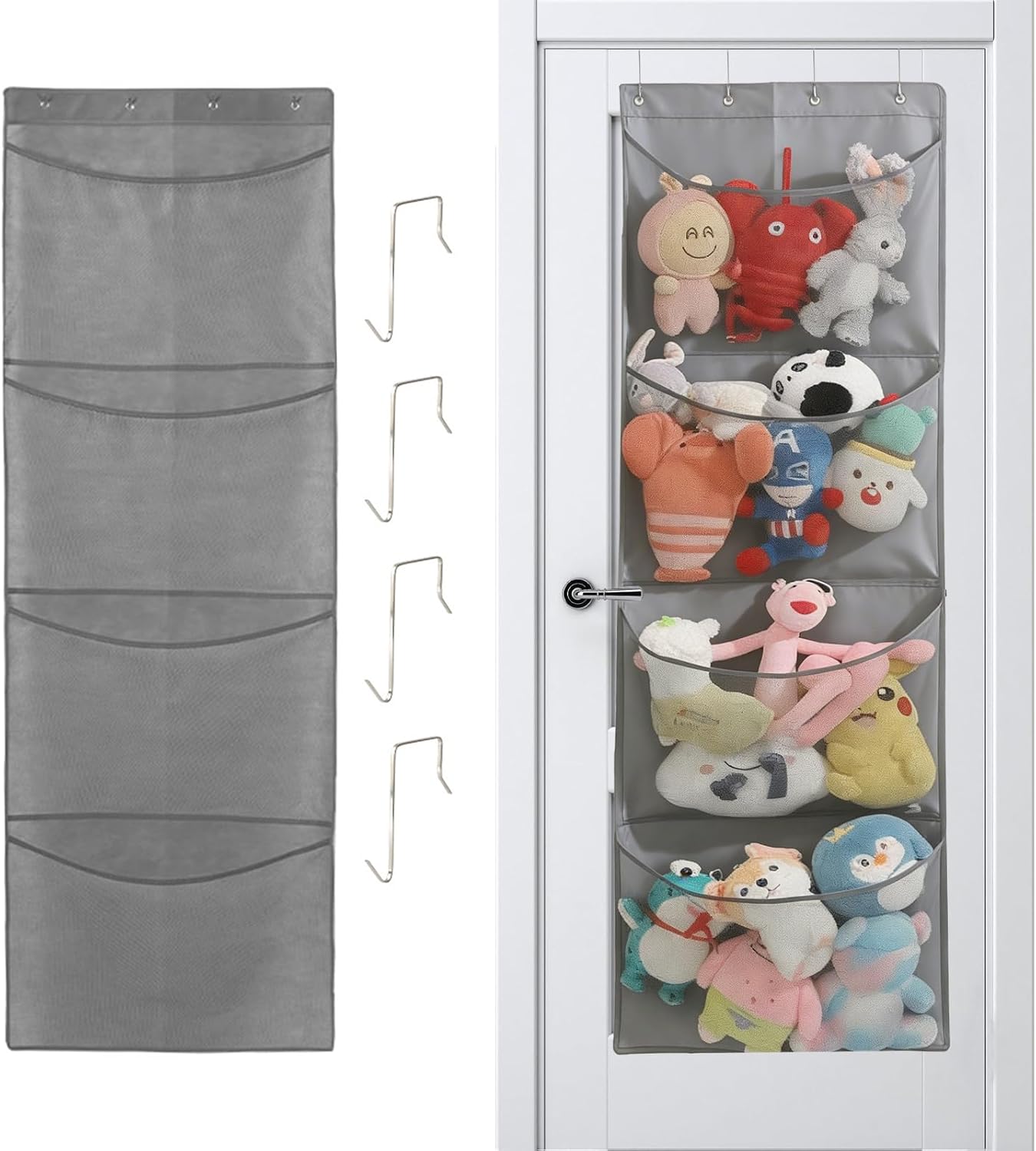 Plüschtier-organizer, Hängende Plüschtieraufbewahrung Mit 4 Taschen Plüschtier-organizer Mit Haken, Hängendes Plüschtiernetz, Für Schlafzimmer, Badezimmer, Kinderzimmer, Grau