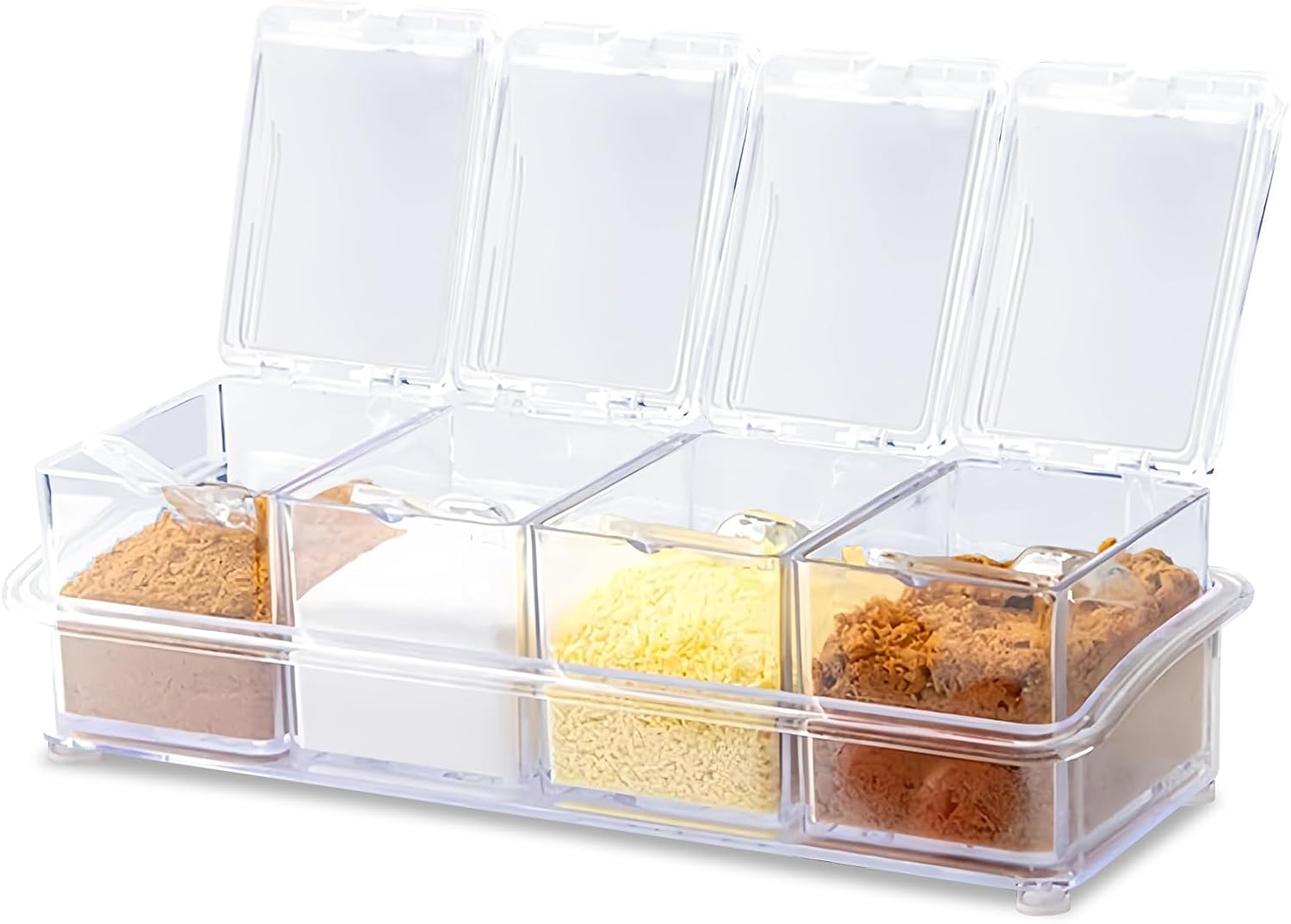 Ein Set Aus 4 Gewürzgläsern: 4-in-1-gewürzbox, Quadratische Gewürzgläser Mit Löffeln, Durchsichtige Kunststoff-gewürzgläser, Aufbewahrung Für Küchengewürze, Geeignet Für Zucker, Salz Usw.