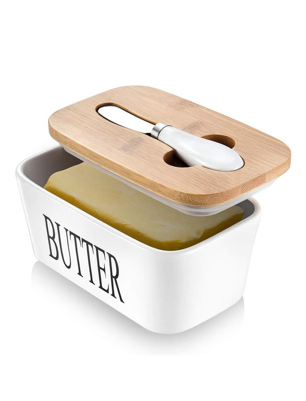 Butterdose Mit Deckel, Keramik-butterbehälter 600 Ml Mit Bambusdeckel Und Buttermesser, Butterbox Luftdicht Für Kühlschrank Und Küche, Cremeweiß