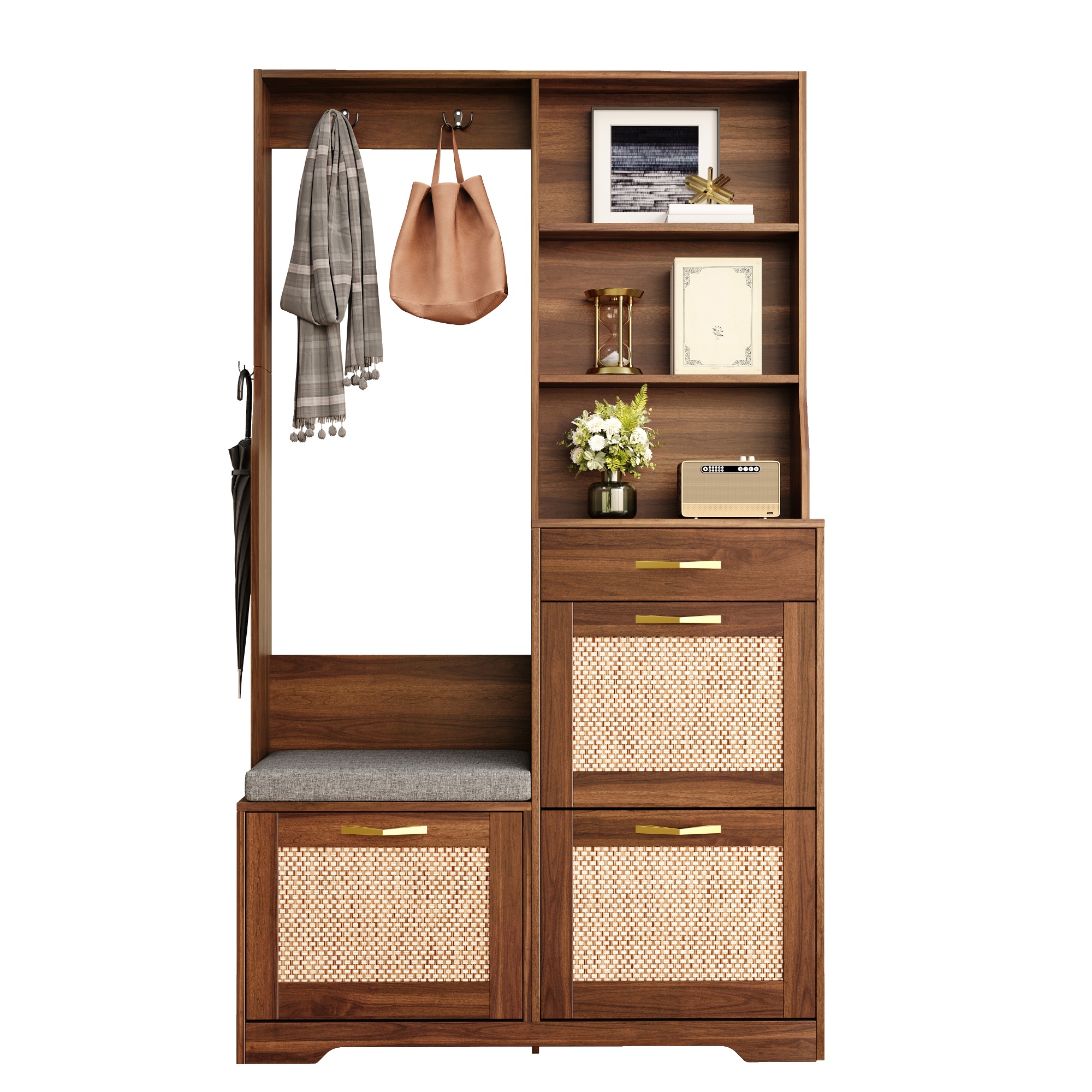 Garderobenschrank Mit Sitzbank, Rattan-front, Schuhschrank, Kleiderhaken & Schubladen