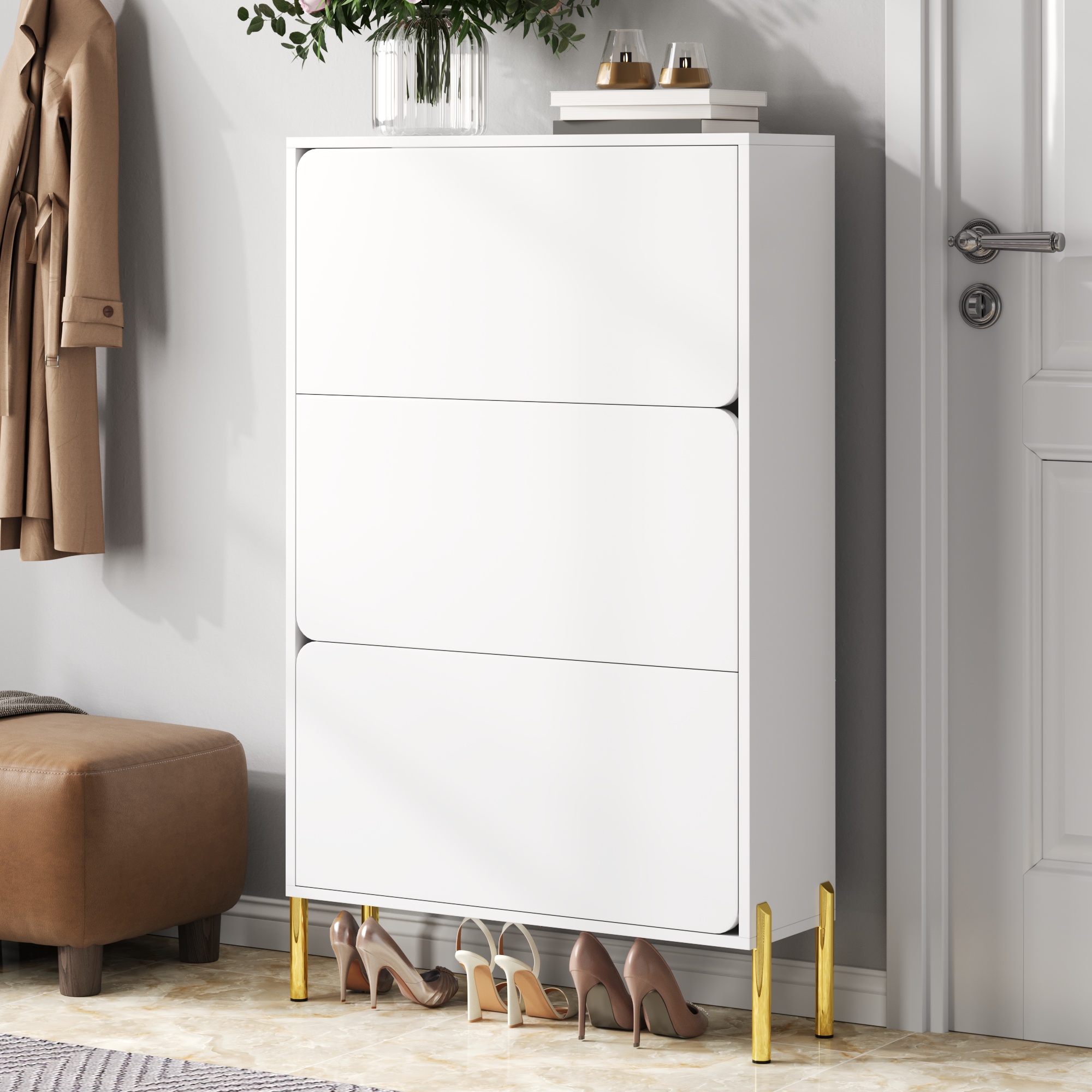 Schuhschrank Weiß Mit Goldenen Beinen, 3 Türen, Für Flur