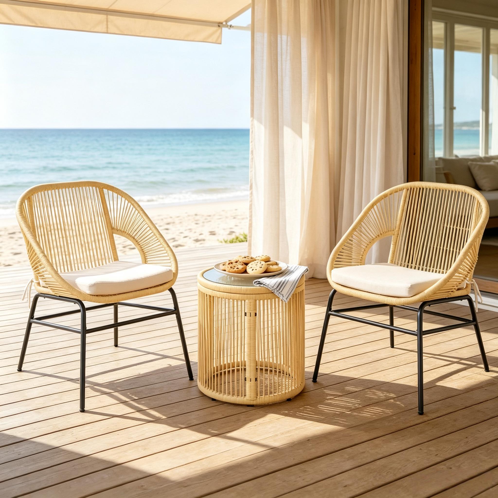 3-teiliges Outdoor Lounge-set, 2 Gartensessel Mit Sitzkissen Und Beistelltisch, Balkonmöbel-set Mit Glasplatte