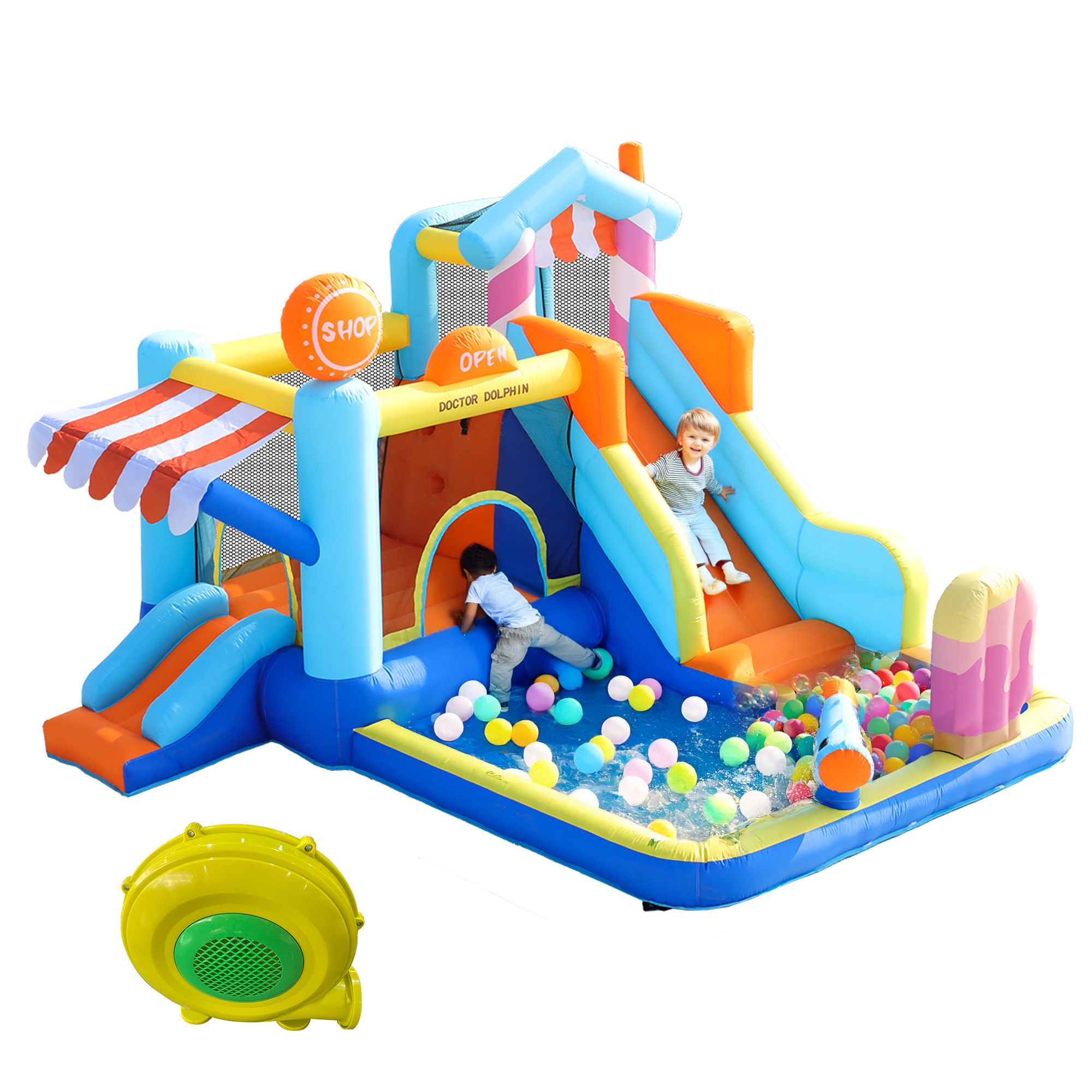 Kinder-hüpfburg Mit Gebläse, Wasserpark + Trampolin, Doppelrutsche, Springbrunnen, Für Garten