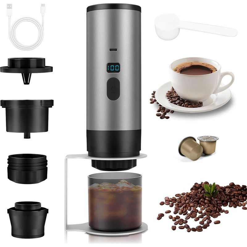 3-in-1 Tragbare Kaffeemaschine, 72-watt-gerät, Wiederaufladbar (12 V), Usb-kapsel-espressomaschine, 90-ml-wassertank, Ideal Für Büro, Camping, Auto Und Reisen