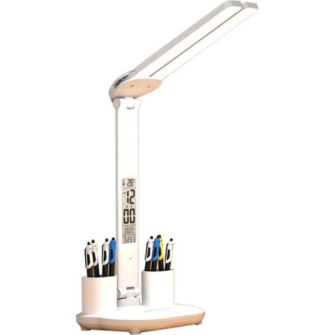 Lauwexe – Faltbare Led-schreibtischlampe Mit 2 Stifthaltern – Anzeige Von Uhrzeit, Datum Und Temperatur – Berührungsempfindliche Dimmfunktion – Augenschutz