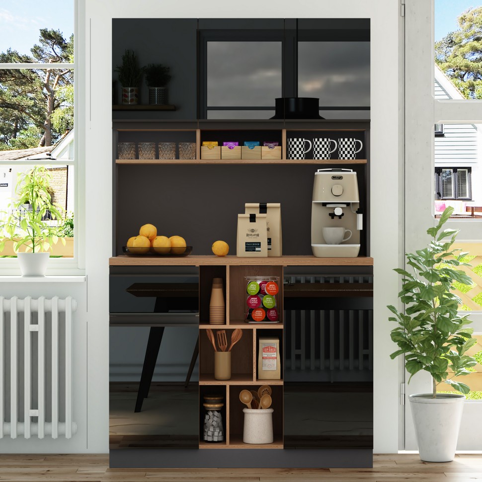 Hohes Küchenschrank-sideboard 105 X 45 X 185 Cm – 5 Türen & 1 Schublade – Arbeitsplatte Aus Holz – Moderner Stil – Hochglanzschwarz