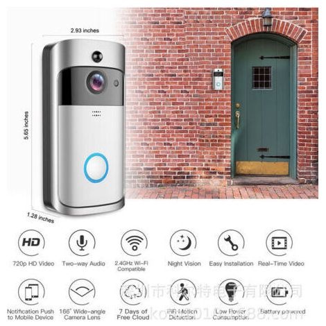 Ip65 Wasserdichte, Kabellose Video-türklingelkamera, Gegensprechfunktion, Pir-bewegungserkennung, Nachtsicht, Silber