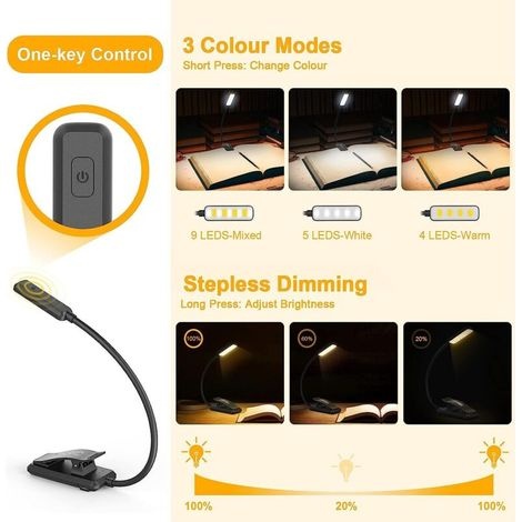 Leselampe Mit Buchklemme, Buchlampe Mit 9 Leds, 3 Farbtemperaturmodi, Dauerlichtfunktion, Usb-aufladbar, 360° Flexibel Zum Lesen
