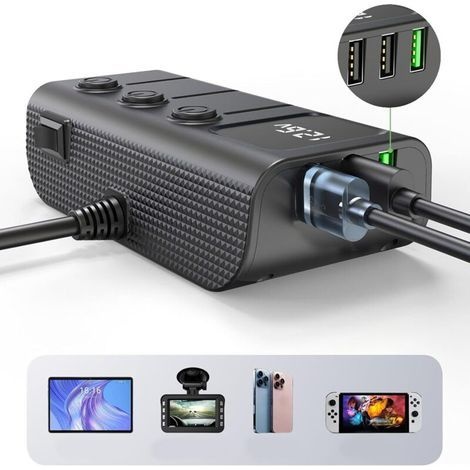 Kfz-zigarettenanzünder-ladegerät-splitterbasis 120w Zigarettenanzünder-adapter Mit 3 Usb-anschlüssen, Separatem Schalter, Spannungsanzeige, Pd-schnellladefunktion Für Handys, Tablets Und Dashcams