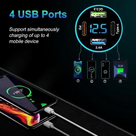 4-port-usb-autoladegerät, 53-w-schnelllade-usb-zigarettenanzünderstecker Mit Dual-pd- Und Qc3.0-anschluss Und Led-voltmeter, Kompatibel Mit Iphone, Android, Samsung Und Tablets