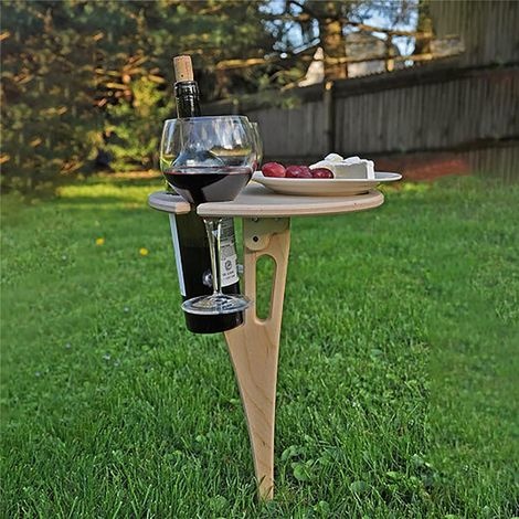 Tragbarer Weintisch Für Draußen – Klappbarer Runder Tisch – Picknicktisch Aus Holz – Für Picknicks Im Freien – Für Parkwiesen – Mit Weinglashalter – 45 Cm Durchmesser
