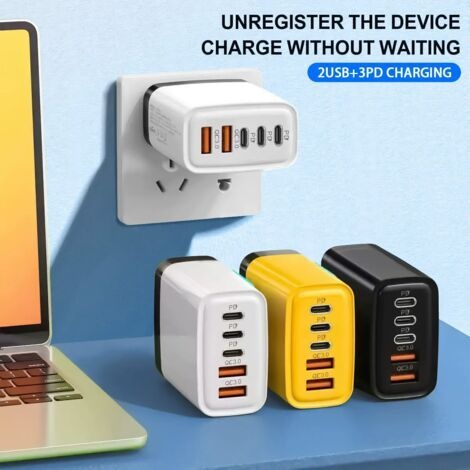 240-w-ladegerät Mit 5 Anschlüssen (2 Usb + 3 Pd) – 2er-pack – Weiß/gelb – Kompatibel Mit Iphone Und Huawei