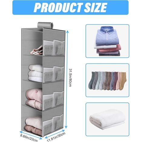 Hängender Kleiderschrank-organizer Für 4 Kleiderebenen, 80x30x22cm, Waschbarer, Hängender Aufbewahrungsstoff, Kleiderschrank-organizer, Hängeregal (grau)