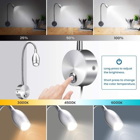Led-leselampe, Nachttischlampe Mit 3 Helligkeitsstufen, 360° Flexibel Dimmbar, Verstellbarer Flexibler Hals, Schreibtischlampe Für Schlafzimmer, Büro, Spind, Kleiderschrank, Nachttisch