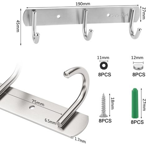 4-teilige Wandgarderobe, 3 Haken, Garderobe Aus Edelstahl, Stabile Badezimmerhaken Für Kleidung, Hüte Und Bademäntel