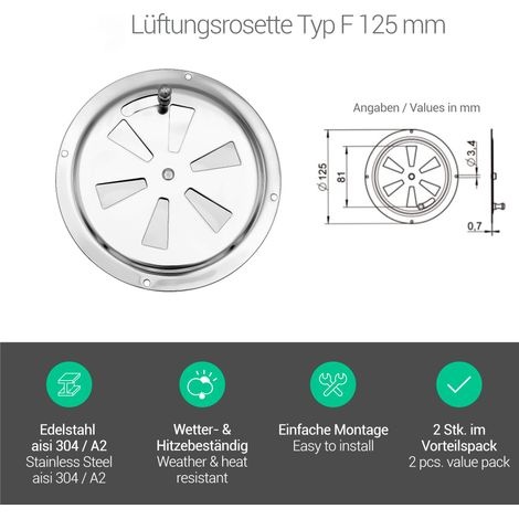 Rundes Lüftungsgitter (1 Stück), 125 Mm, Edelstahl, Verstellbare Lüftungsöffnung, Silber