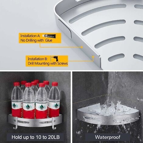 Eckduschablage, Kein Bohren Erforderlich, Badezimmeraufbewahrung, Duschzubehör, Duschseifenhalter, Rostfreies Aluminium, 2er-set, Silber Mit Haken (silber)