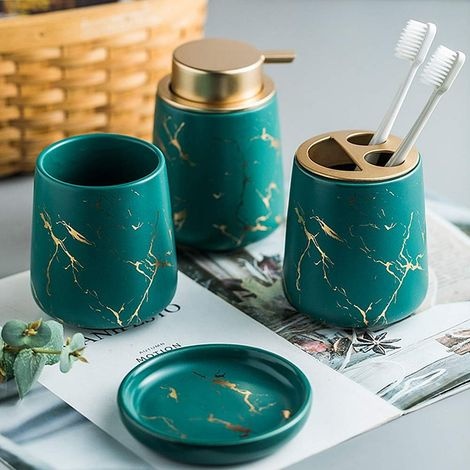 4-teiliges Badezimmer-accessoire-set Aus Keramik, Luxuriöses Badezimmer-accessoire-set In Marmoroptik Inklusive Seifenspender, Zahnbürstenhalter, Seifenschale Und Grünem 3-smiley-becher