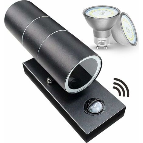 Außenwandleuchte Mit Pir-bewegungsmelder, Nach Oben/unten Gerichtet, Schutzart Ip44, Mattschwarz, 240 V – Inklusive 2 X 5-w-led-leuchtmitteln In Warmweiß