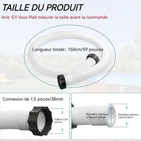 Set Mit 2 Ersatzschläuchen Mit Muttern, 150 Cm Lang, Schwimmbadpumpenschlauch, Weiß - Schwimmbadfilterpumpe, 38-mm-schlauch, Ersatz Für Aufstellpoolpumpen (2 Schläuche + 2 Adapter)