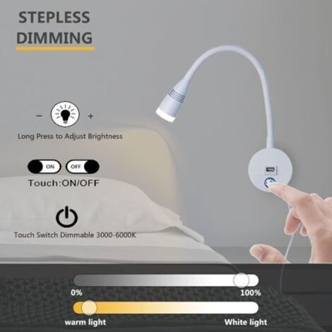 Flexible Wandleseleuchte Mit Usb-anschluss, Dimmbare Nachttischleuchte, Wandleuchte Für Den Innenbereich Mit Schalter, Touch-bedienung, 3 W, Weiß, 2er-pack
