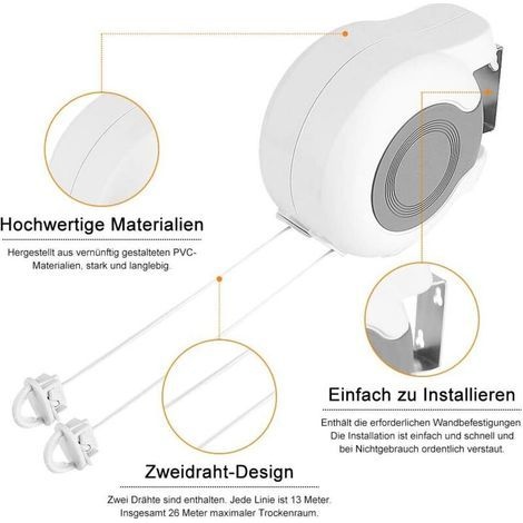 Ausziehbare Wäscheleine Für Den Außenbereich, 13 M Lang, Mit Wandhalterung Und 2 Wäscheleinen, Für Badezimmer, Balkon, Garten Und Reisen