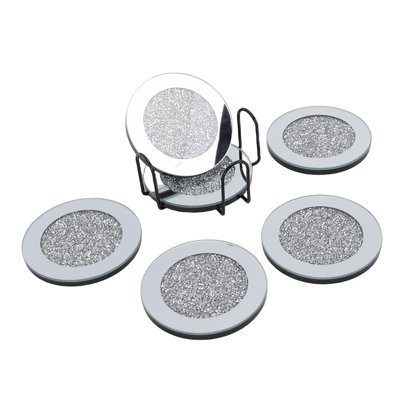 Spiegelglas-untersetzer Mit Halter, 6 Stück, Runde Getränkeuntersetzer Für Couchtisch, Küche, Bar, Wohnaccessoires, Silbertisch