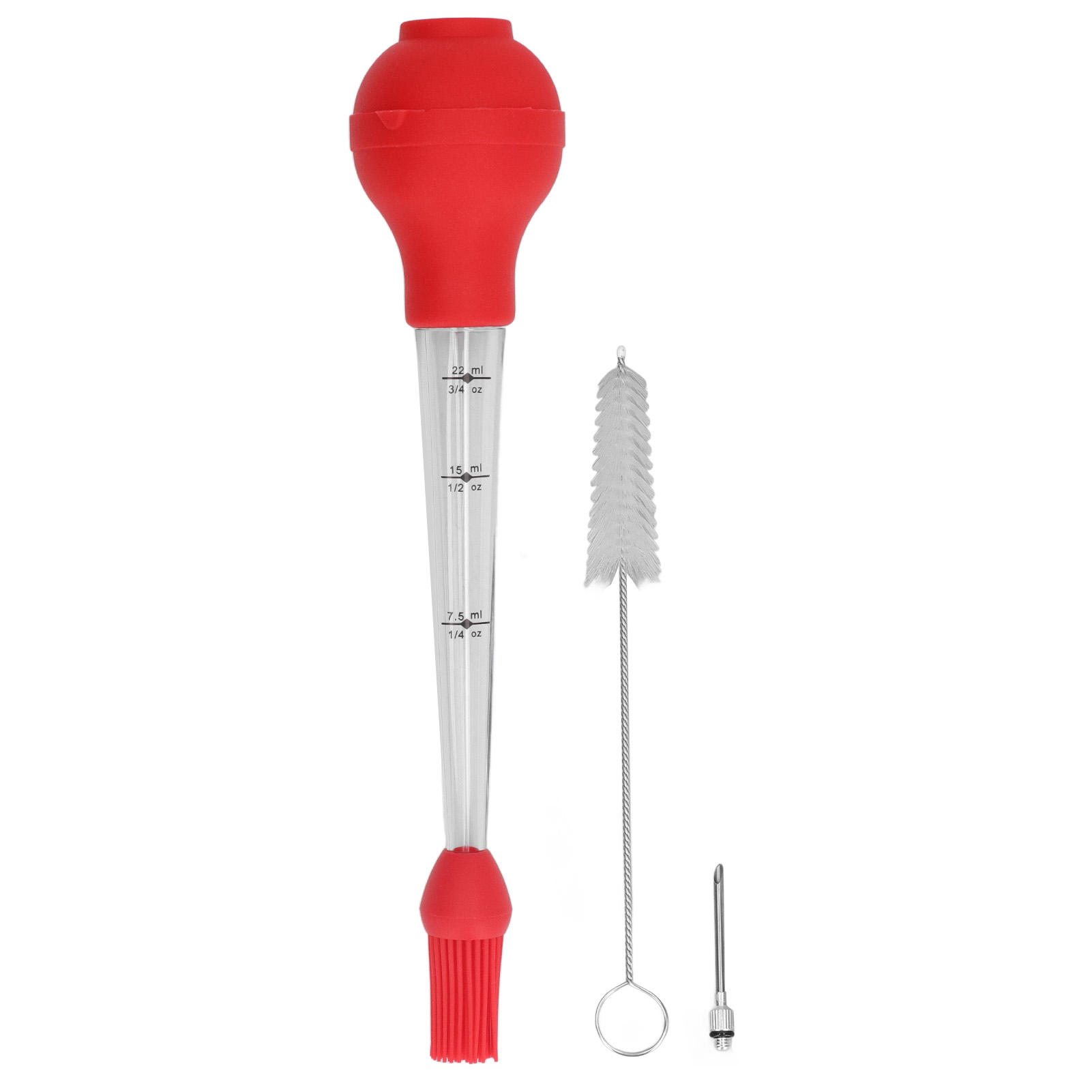 Bratenspritznadel Für Truthahn Mit Soßenpinsel, Tube Mit Grillöl, Gewürzutensilien, Rote Lebensmittelfarbe.