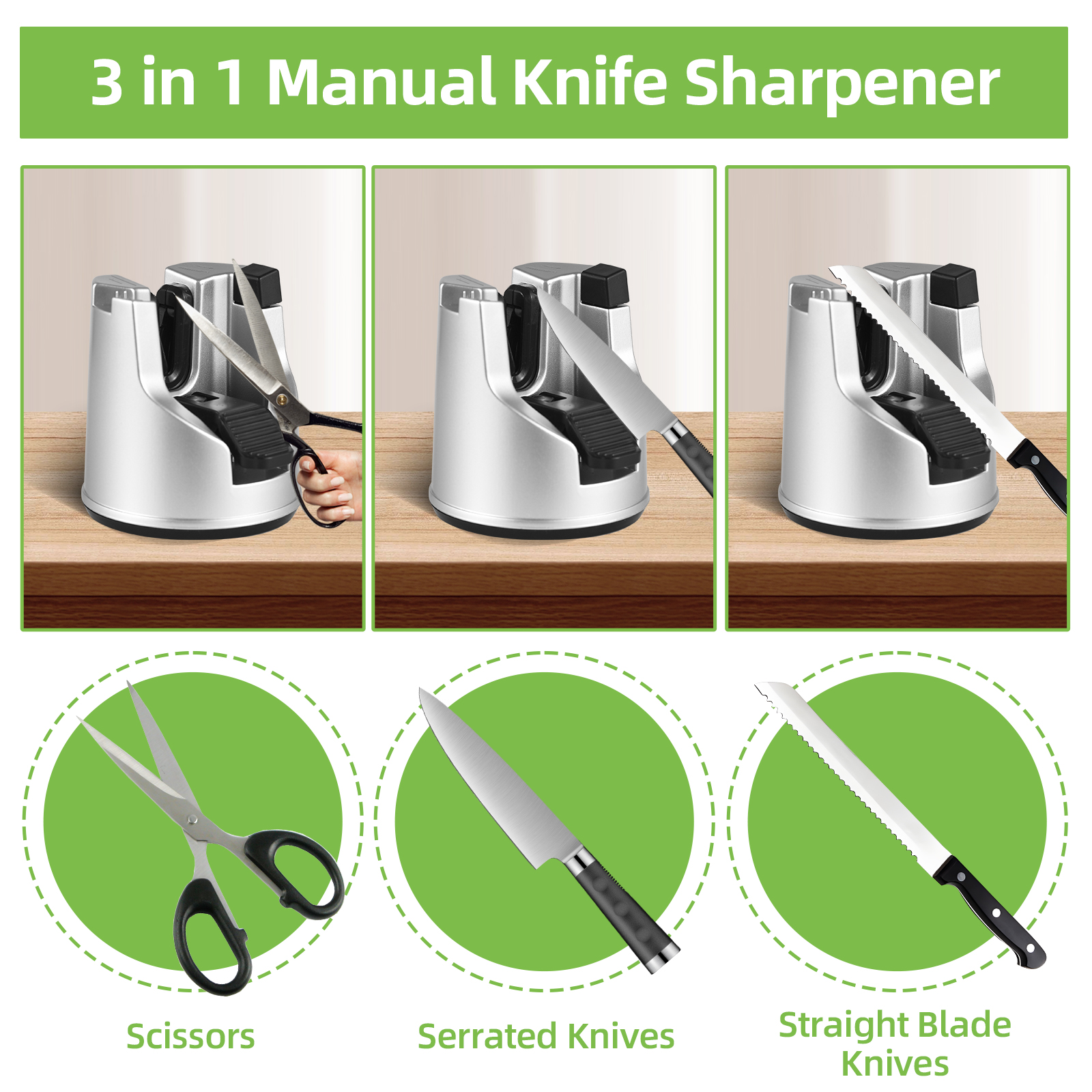 3-in-1 Messerschärfer Aus Wolframstahl, Manuelles Küchengerät Mit Saugnapf Und Polierstab Für Glatte Und Gezahnte Messer, Scheren Und Brot.