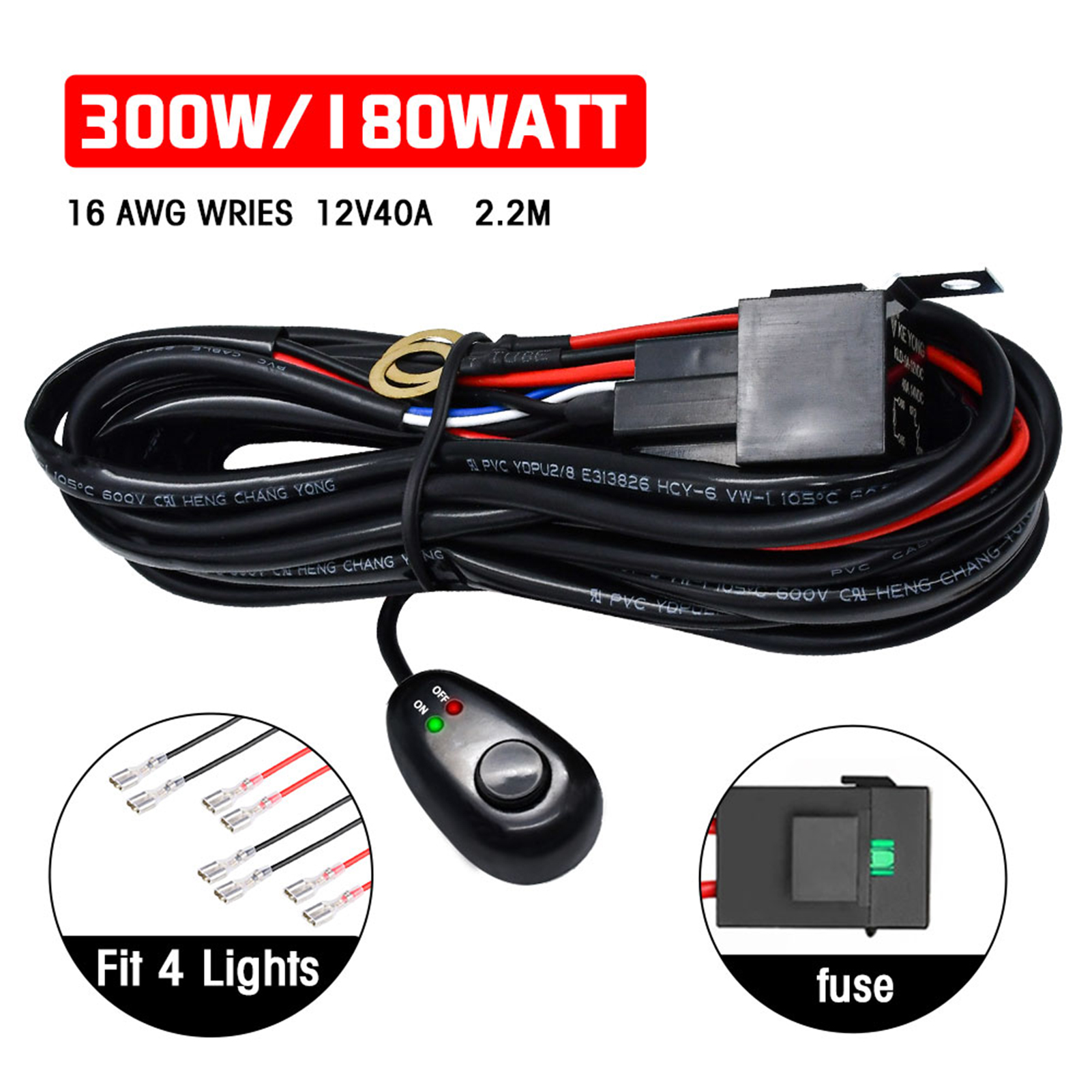 Kabelbaum-set Für Led-lichtleiste, 300w, 2 Universelle 16 Awg-kabel Mit 12v 40a Relais, Ein-/ausschalter Für Geländefahrzeuge, Kompatibel Mit 4 Leuchten.