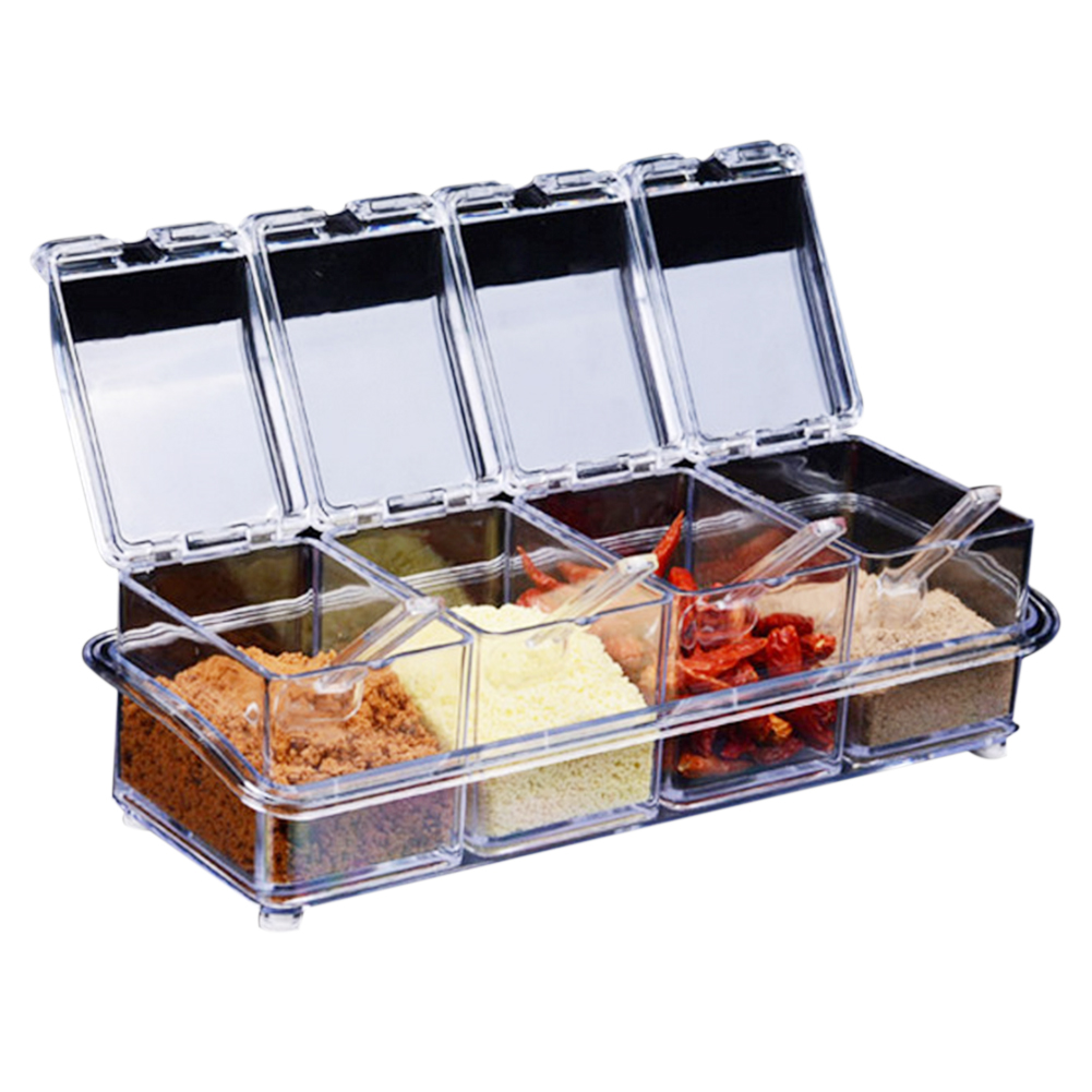 Set Aus 4 Transparenten Gewürzbehältern, Aufbewahrungsgläsern Für Würzmittel, Öl- Und Essigflasche Mit Deckel Und Löffel.