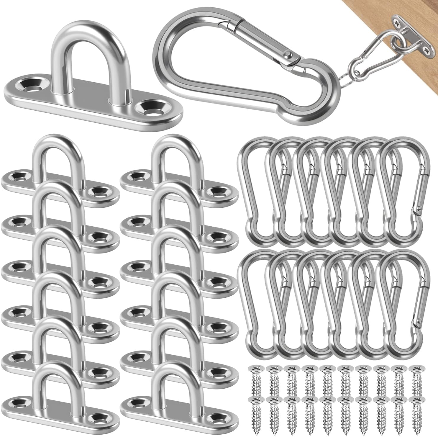 Set Mit 40 Kleinen Edelstahl-deckenhaken Mit Vorgebohrten Löchern, Wandring Mit Aluminium-karabinern Und Schrauböse. Diese Haken Eignen Sich Zur Wandmontage.
