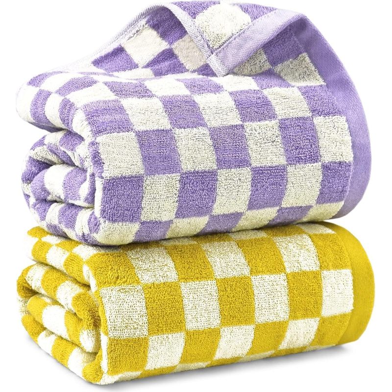 Buse Set Mit 2 Großen, Gelb-lila Karierten Badetüchern, Weich Und Farbenfroh, Für Bad Und Spa Große Duschtücher (140 X 69,8 Cm), Dünn Und Schnelltrocknend, Ideal Für Strand Und Spa
