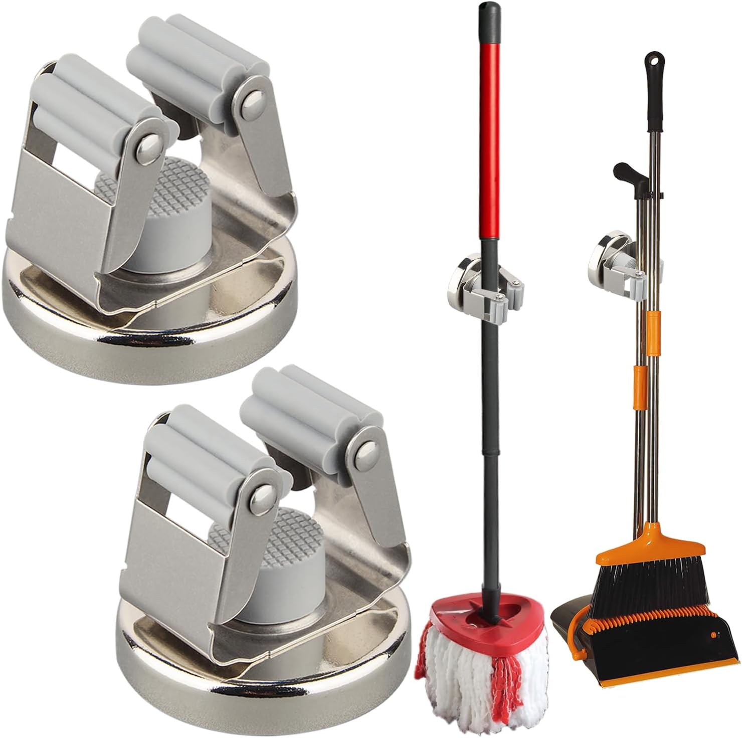 Set Mit 2 Robusten Magnethaken – Wandmontierter Besenhalter – Kein Bohren Erforderlich – Für Garage, Küche, Waschküche – Ordnung Und Übersicht – Silber