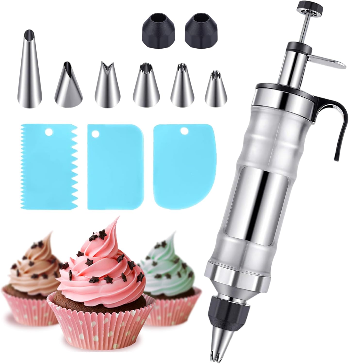 Tortenspritze Aus Edelstahl – 400 Ml – Donutspritze Mit 6 Tüllen – Für Gebäck, Kuchen, Cupcakes, Als Ersatz Für Spritzbeutel – Silber