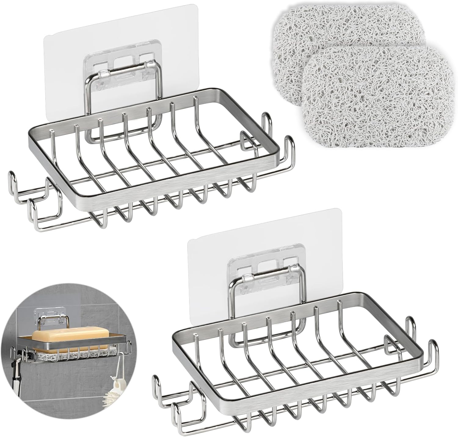 2-teiliger Seifenhalter Aus Edelstahl 304 Für Die Dusche, Kein Bohren Erforderlich, Selbstklebender, Wandmontierter Seifenhalter Mit Haken Und Seifenablage, Wandseifenhalter Für Bad Und Küche (silber)