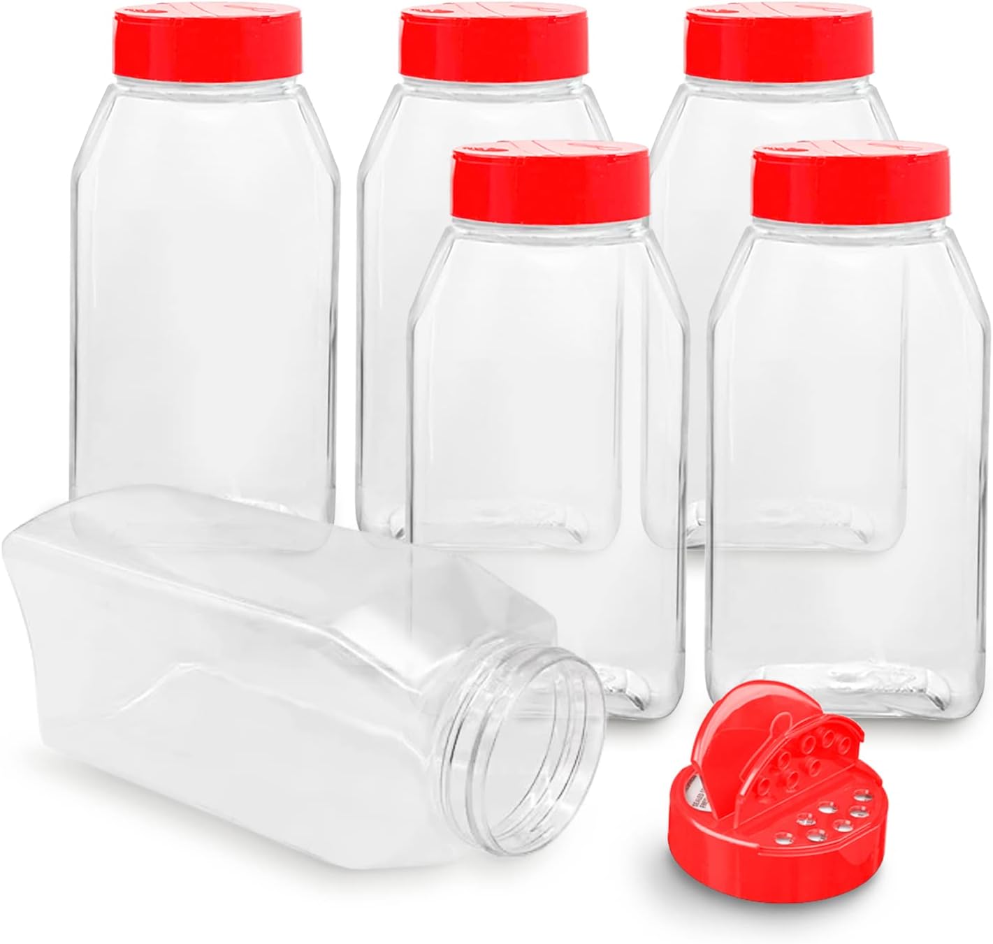 Set Mit 6 Gewürzgläsern Aus Kunststoff (946 Ml) Mit Roten Deckeln, Durchsichtige Und Sichere Kunststoffbehälter Mit Streudeckeln Zur Aufbewahrung Von Gewürzen, Kräutern Und Pulvern