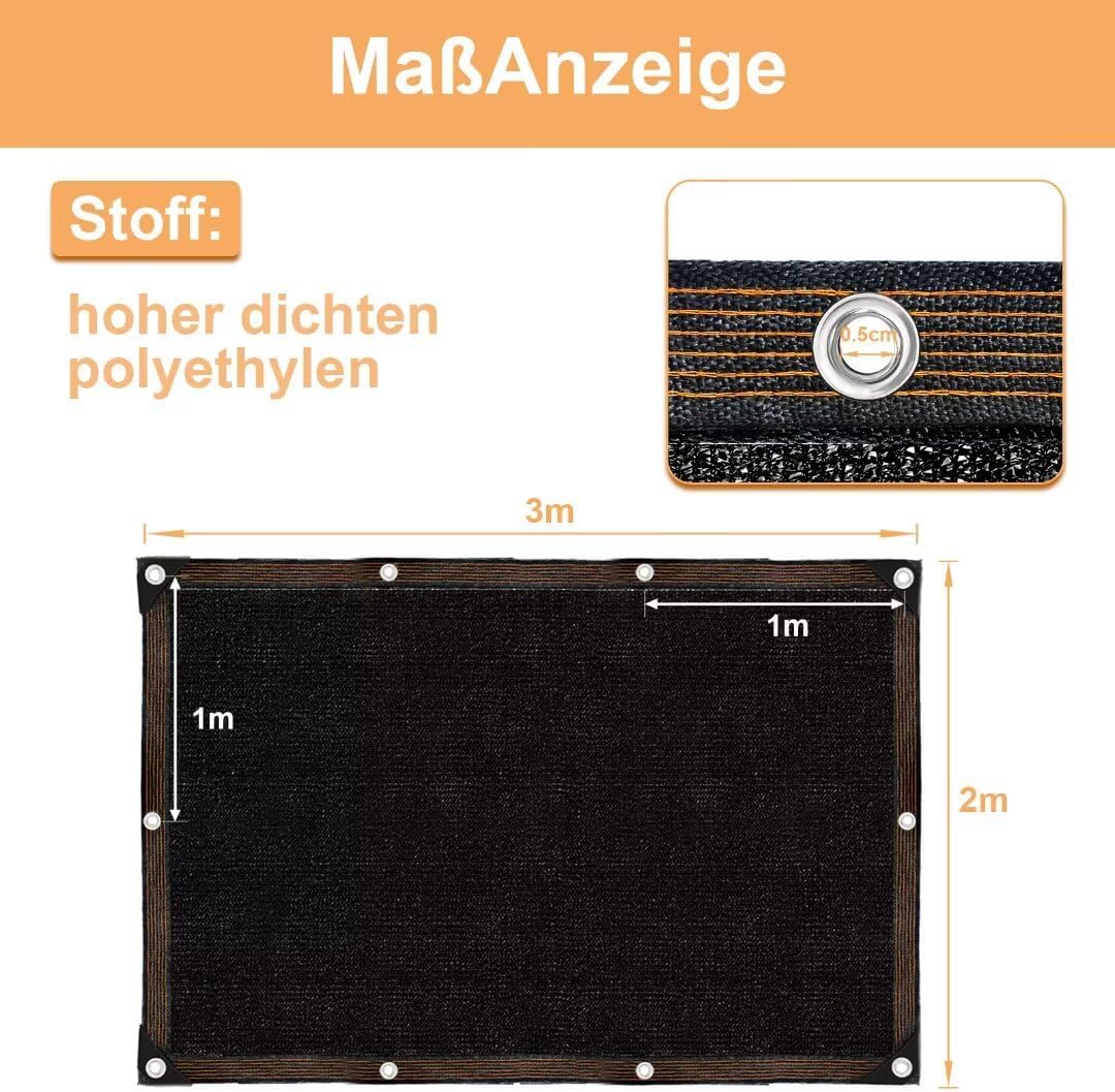 Schattierungsnetz Mit Ösen, 2 X 3 M, Schwarz, Sonnenschutz Für Garten Und Terrasse, 70 % Schattierung, Uv-beständig, Schattierungsnetz Für Den Außenbereich