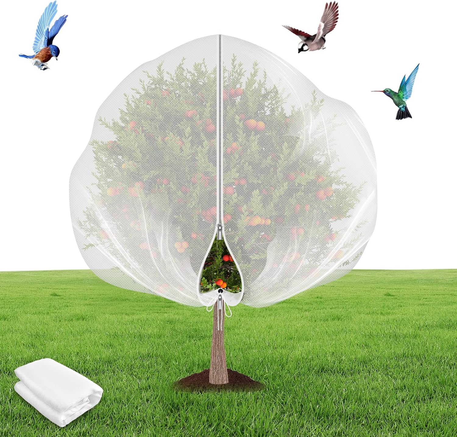 1-teiliges Gartenschutznetz, Gartennetz Mit Kordelzug Und Reißverschluss, Feinmaschig Zum Schutz Von Obstbäumen (2,4 M X 2,4 M, Weiß)