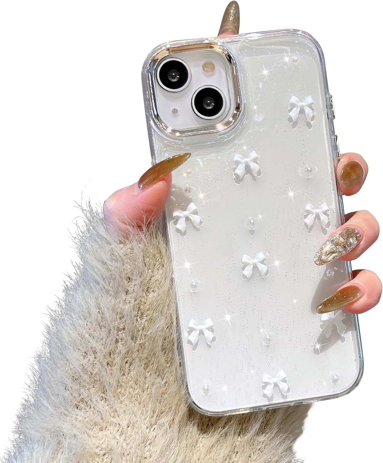 Handyhülle Für Iphone 13/iphone 14, Glänzende 3d-schleifenhülle, Niedliches, Transparentes Schleifendesign, Ästhetische, Weiche Tpu-schutzhülle – Weiße Schleife