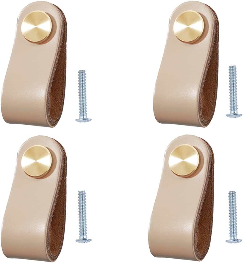 Set Mit 4 Ledergriffen Für Möbel, Geeignet Für Küchenschränke Und Kleiderschränke – Einlochmodell, 64 X 25 X 3 Mm, Khakifarben