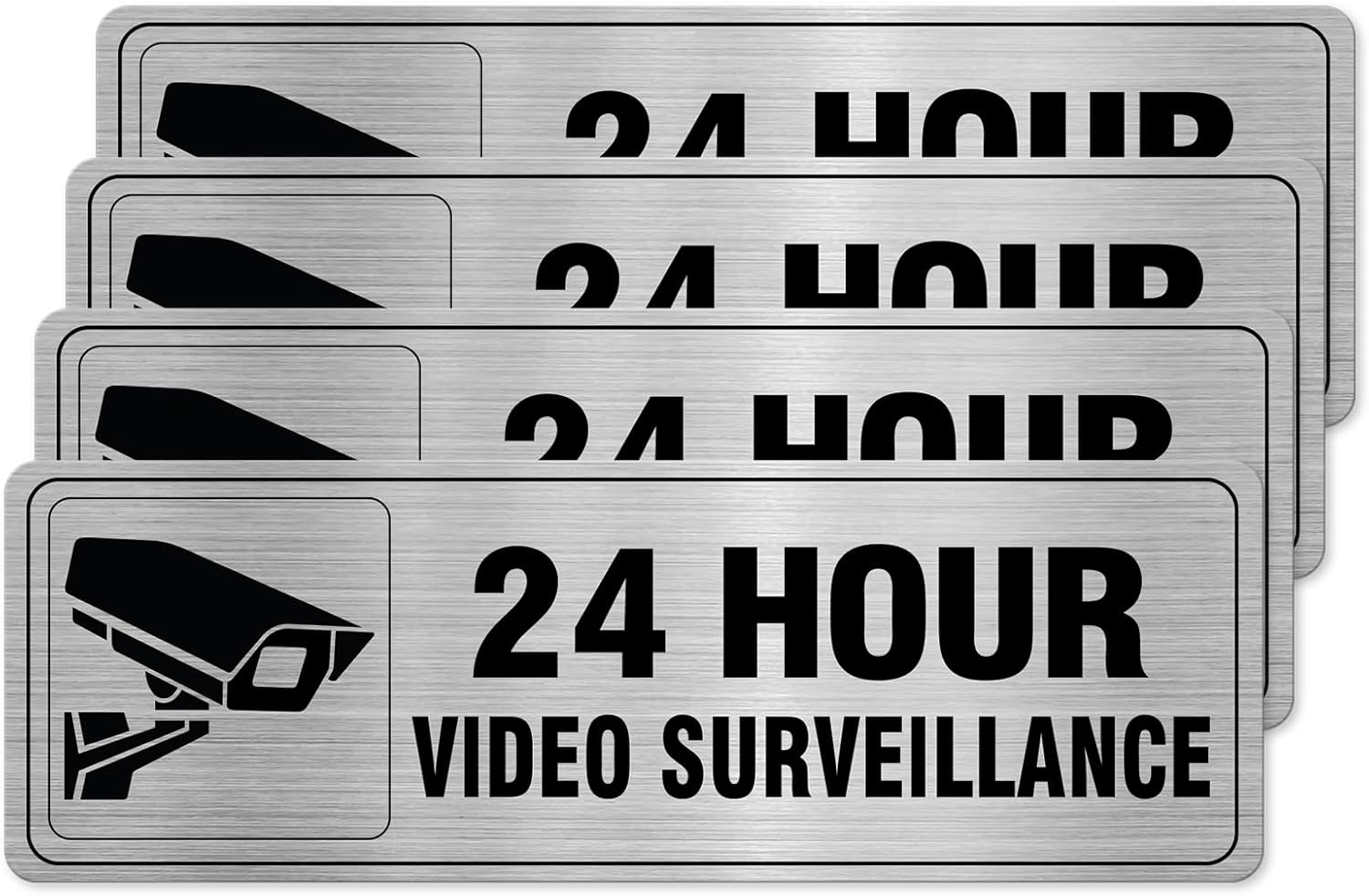 24-stunden-videoüberwachungsschild, Silbernes Aluminium, 22,8 X 17,6 Cm, Wasserfest Und Selbstklebend, Geeignet Für Restaurants Und Geschäfte, 4er-pack.