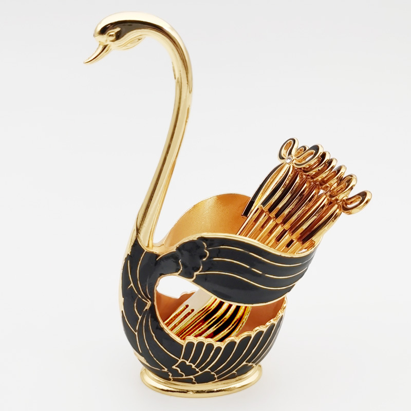 6-teiliges Kaffeebesteck-set Mit Dekorativem, Schwanenförmigem Ständer (gabel, Schwarzgold)