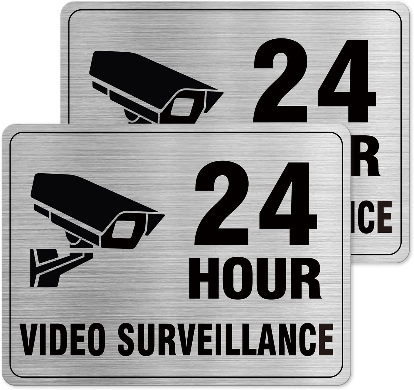24-stunden-videoüberwachungsschild, Silbernes Aluminium, 20,4 X 15,2 Cm, Wasserfest Und Selbstklebend, Geeignet Für Restaurants Und Geschäfte, 2er-pack.