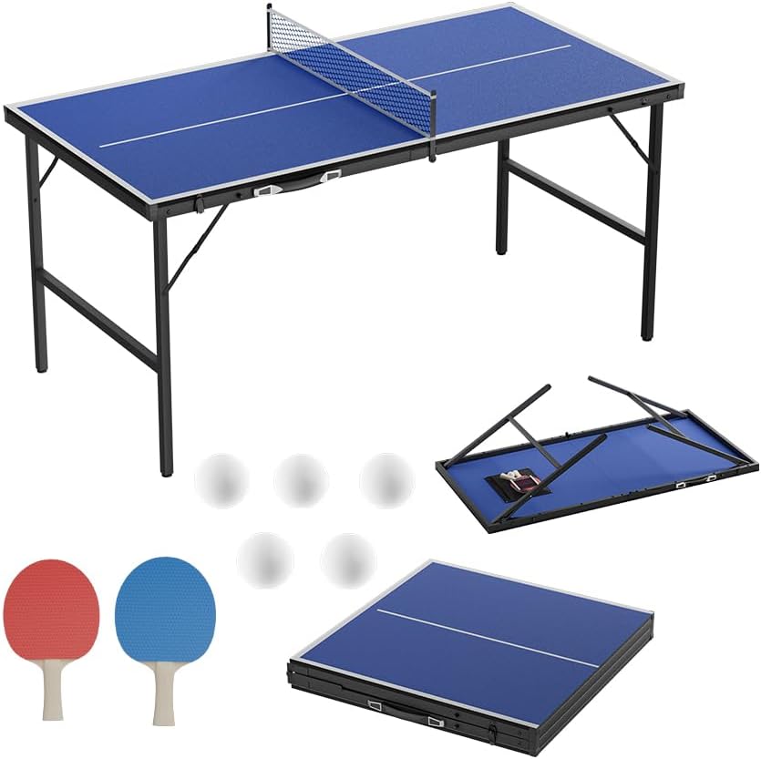 Froadp Klappbarer Mini‑tischtennistisch Koffer‑design, Mdf‑platte, Indoor/outdoor, Netz, 2 Schläger, 5 Bälle, Integrierte Tasche, Blau, 152,5 × 76 cm