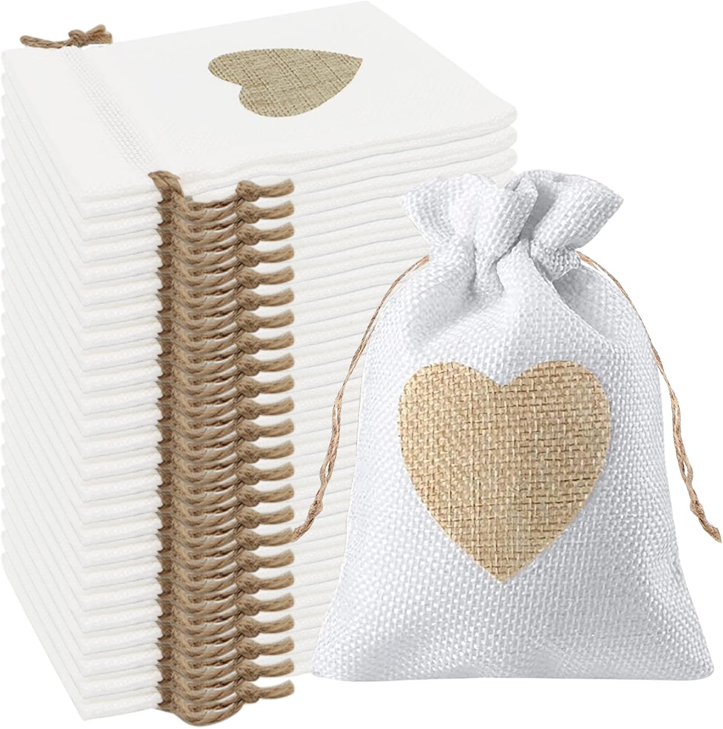 24 Leinenbeutel Mit Kordelzug Und Herzmuster (10 X 14 Cm) – Kleine Stoffbeutel (weiß), Geeignet Für Samen, Süßigkeiten, Geschenke, Taufen, Geburtstage Und Weihnachten.