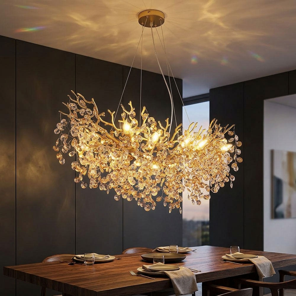 Led Hängeleuchte Kronleuchter Esszimmerlampe 10-flammig Gold Metall Glas L 100 Cm