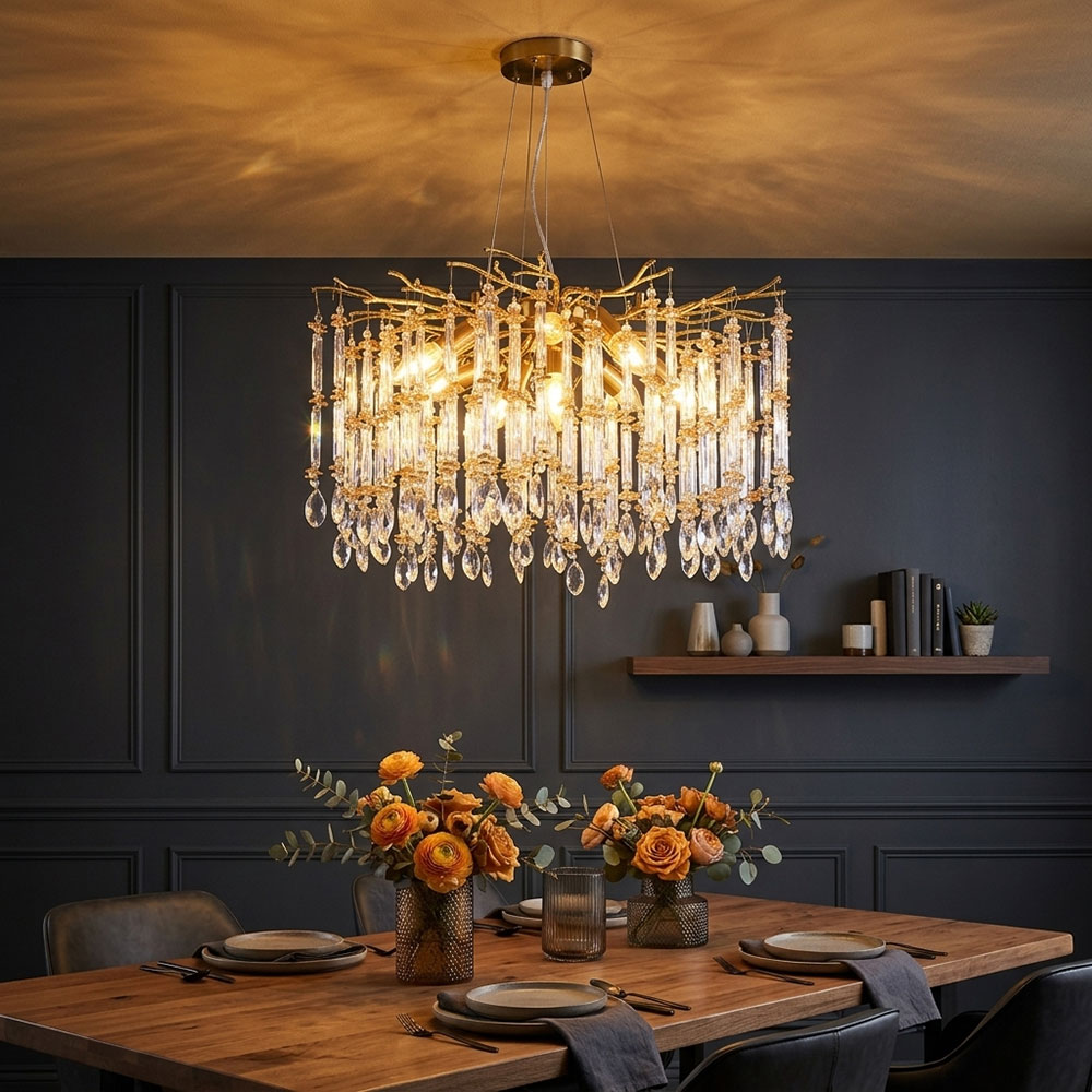 Led Pendelleuchte Kronleuchter Hängelampe Goldfarben Glaskristalle H 120 Cm